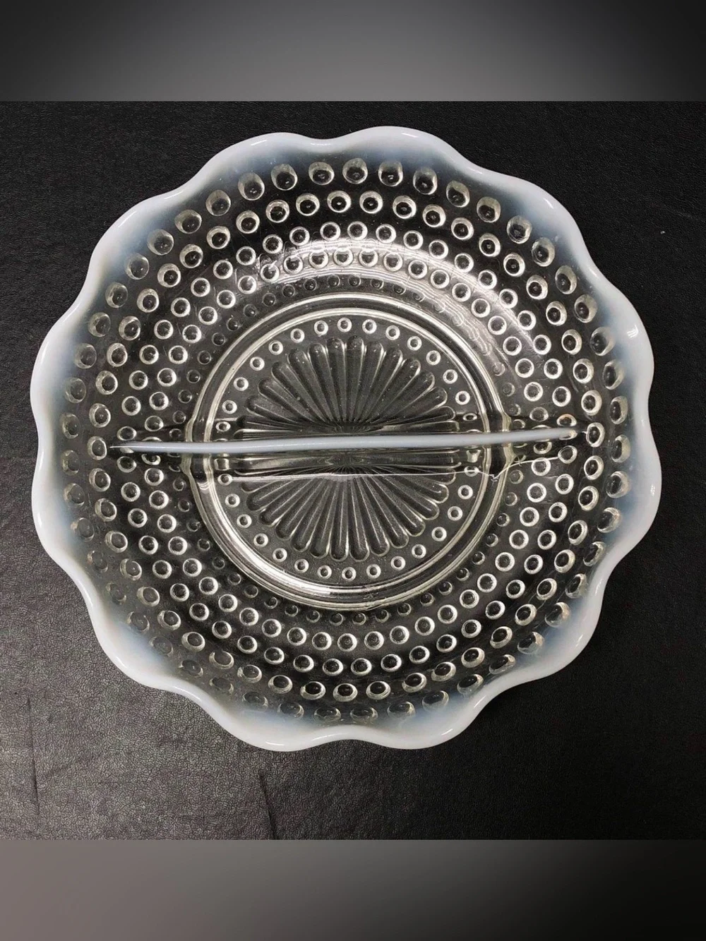 Vtng Anchor Hocking Moonstone Hobnail Opalescent Divided Dish 7 3/4